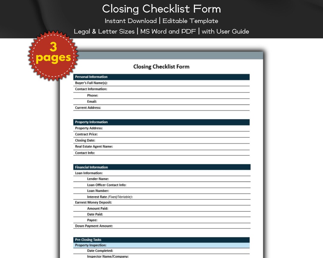 Closing Checklist Form Editable and Printable Template for Real Estate ...