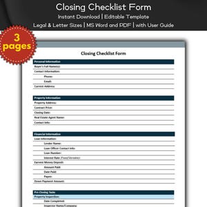 Closing Checklist Form Editable and Printable Template for Real Estate Agents | Agent Marketing | Real Estate Home Listings | Real Estate