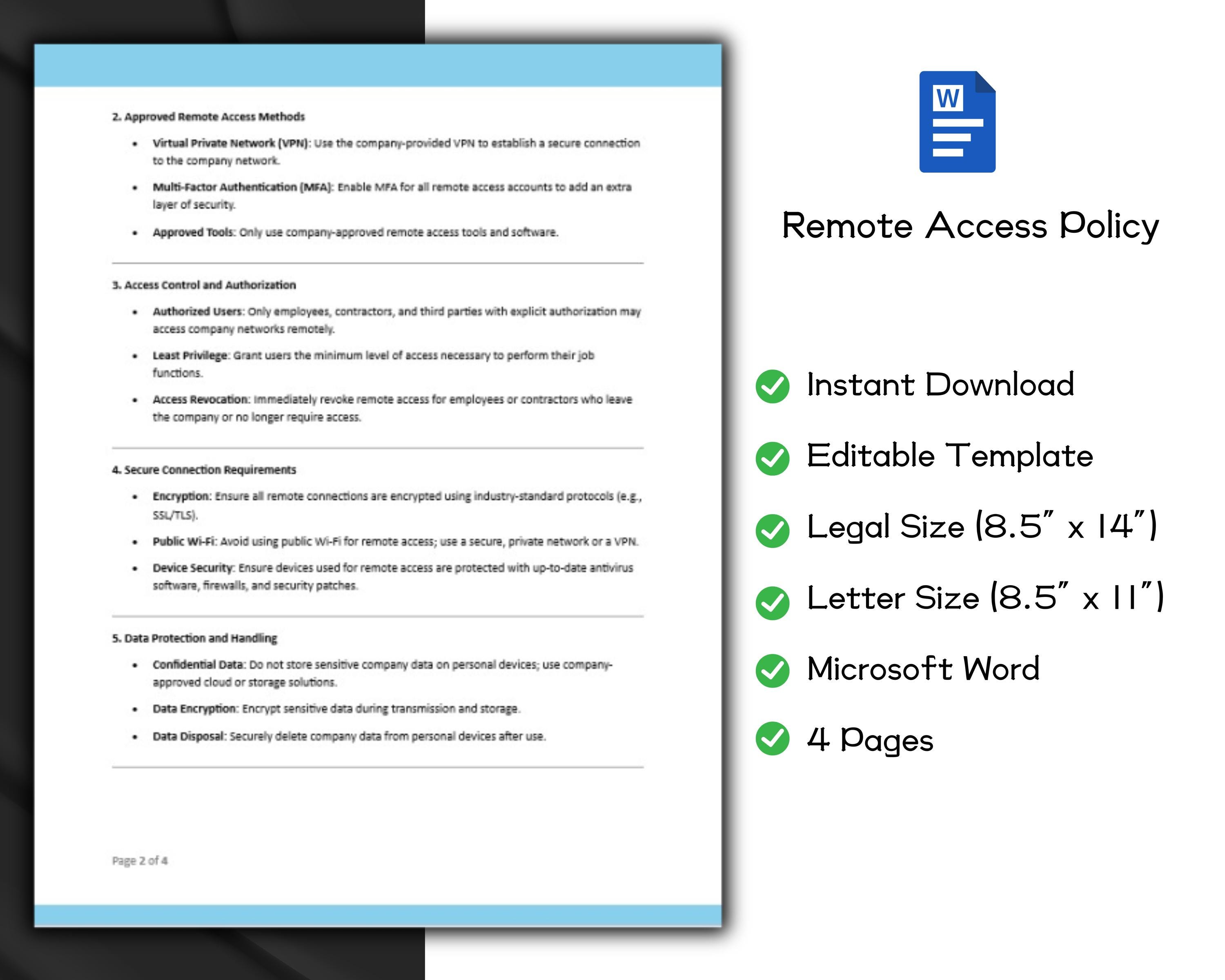 Remote Access Policy Editable Template | Human Resource Policy ...