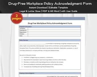 Drug-Free Workplace Policy Acknowledgment Form Editable and Printable Template | Employee Management | HR Employee Policies and Compliance