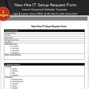 New Hire IT Setup Request Form Editable and Printable Template | Recruitment, Human Resource | HR Professionals Forms| Employee Onboarding