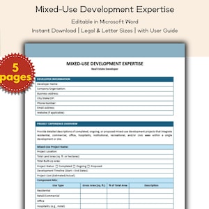 May include: A blue and white document titled "Mixed-Use Development Expertise" with fillable fields for developer information and project details. The document is editable in Microsoft Word and available for instant download.