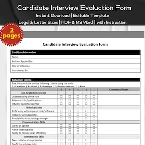 Candidate Interview Evaluation Form Editable and Printable Template with Manual | HR Professionals Template | Hiring and Recruitment Forms