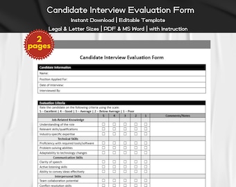 Candidate Interview Evaluation Form Editable and Printable Template with Manual | HR Professionals Template | Hiring and Recruitment Forms