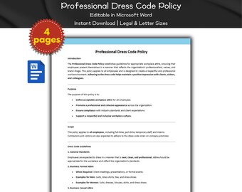 Professional Dress Code Policy Editable Template | Human Resource Policies | Code Of Conduct | MS Word | Employee Management | HR Tools