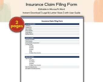 Insurance Claim Filing Form Editable and Printable Template for Fast and Easy Insurance Claims, Human Resource Insurance, Company Benefits