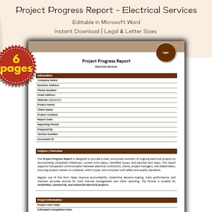 May include: A project progress report template for electrical services, editable in Microsoft Word. The document includes fields for project information, client details, and reporting periods. The image also shows a red and yellow badge that says "6 pages".