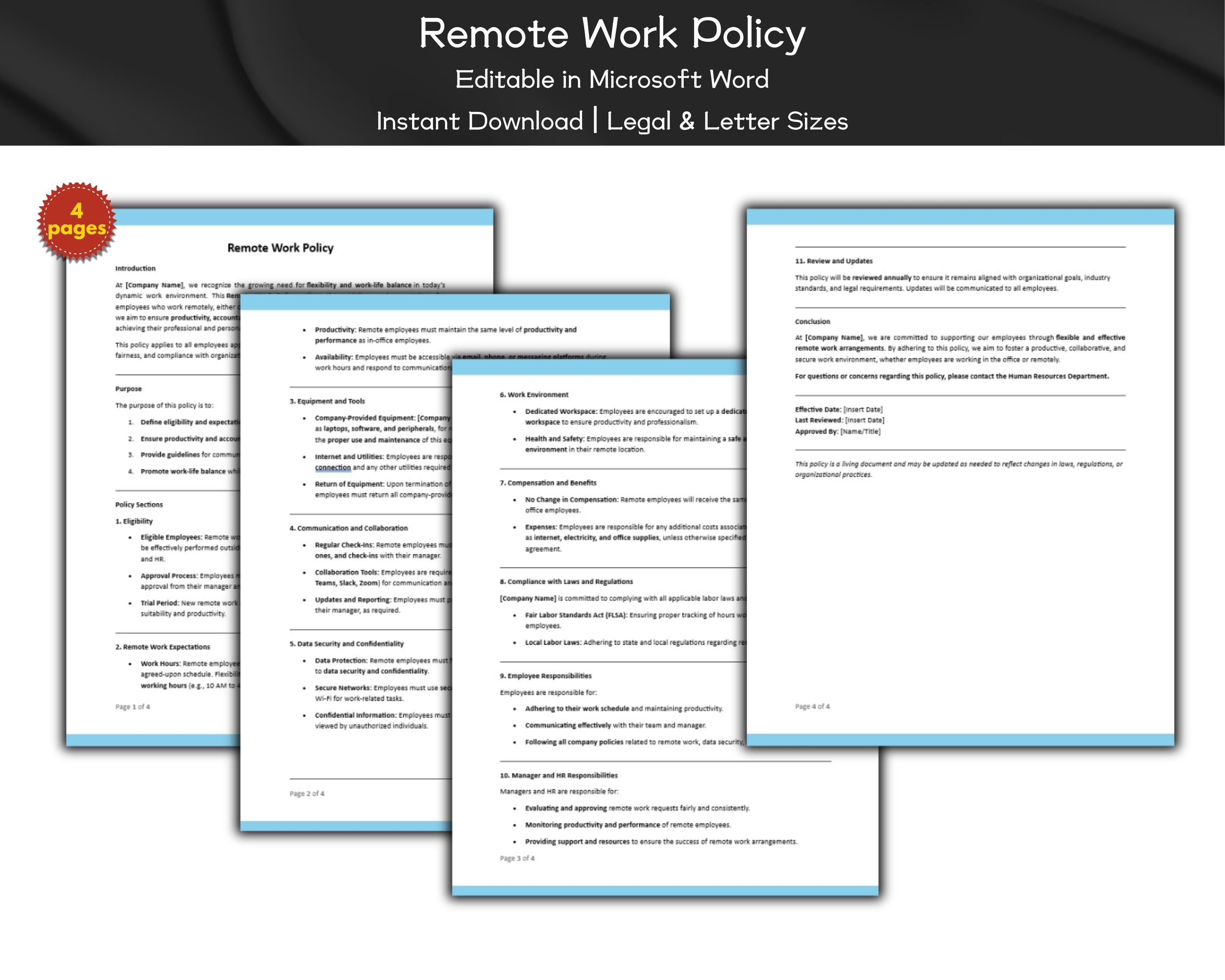 Remote Work Policy Editable Template | Human Resource Policies | Work ...