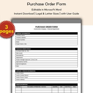 May include: A purchase order form with a white background and black text. The form is labeled "Purchase Order Form" and includes fields for company information, purchase order details, and supplier information. The form is editable in Microsoft Word and available for instant download.