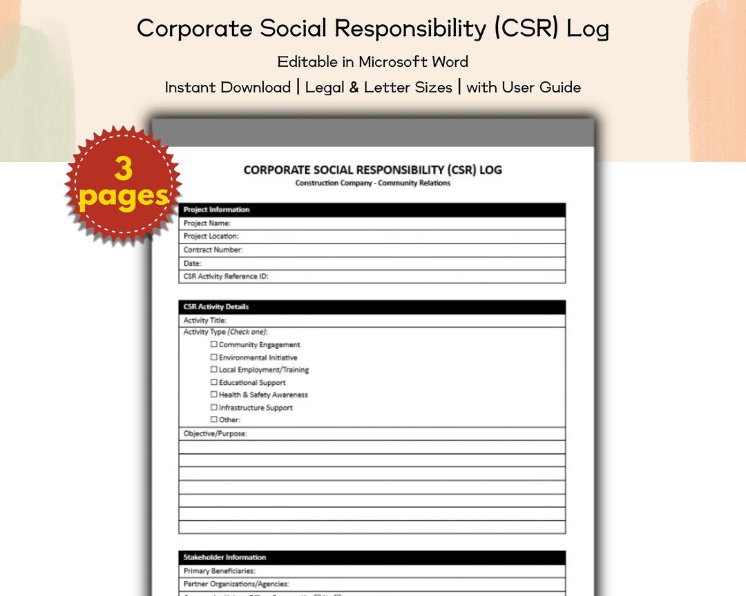 Construction Company Corporate Social Responsibility (CSR) Log Editable ...