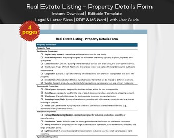 Formulário de detalhes da propriedade Modelo editável e imprimível para agentes imobiliários | Listagens imobiliárias | Marketing de agentes | Listagem de propriedades