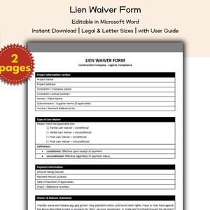 Puede incluir: Un formulario de renuncia de gravamen, editable en Microsoft Word, con el texto "Descarga instantánea | Tamaños legales y carta | con guía del usuario". El formulario incluye secciones para información del proyecto, tipo de renuncia de gravamen, definiciones e información de pago. Una pegatina roja indica "2 páginas".
