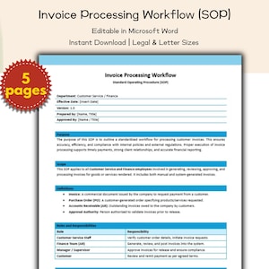 May include: A document titled "Invoice Processing Workflow (SOP)" with a blue and white design. The document is editable in Microsoft Word and available for instant download in legal and letter sizes. A red starburst graphic indicates "5 pages".