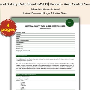 Puede incluir: Una plantilla de Ficha de Datos de Seguridad (FDS) para servicios de control de plagas. El documento es editable en Microsoft Word y está disponible para descarga instantánea en tamaños legal y carta. El documento tiene 4 páginas.