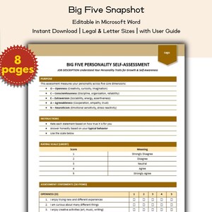 Big Five Personality Snapshot | OCEAN Traits Coaching Assessment Worksheet | Personal Growth & Self Awareness | Leadership Development