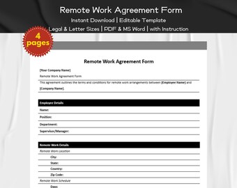 Remote Work Agreement Form Editable and Printable Template with Manual | HR Professionals Form | HR Employee Management | Human Resource