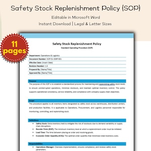 Może przedstawiać: Wyświetlany jest dokument zatytułowany „Safety Stock Replenishment Policy (SOP)”. Dokument można edytować w programie Microsoft Word i jest dostępny do natychmiastowego pobrania w formatach legal i letter. Dokument ma 11 stron.