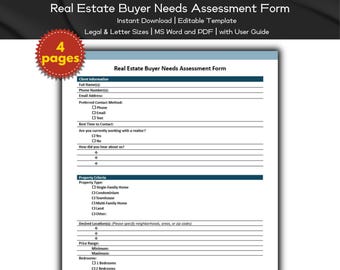 Formulário de avaliação de necessidades do comprador, modelo editável e imprimível | Agentes imobiliários | Listagens de imóveis | Marketing de agentes