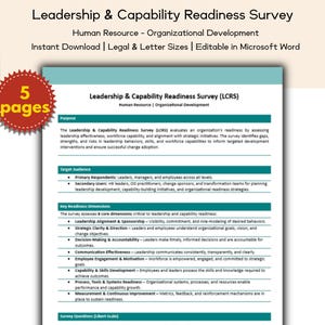 May include: A digital document titled "Leadership & Capability Readiness Survey" with the text "Human Resource - Organizational Development." The document is editable in Microsoft Word and available for instant download in legal and letter sizes. A red sticker indicates "5 pages."