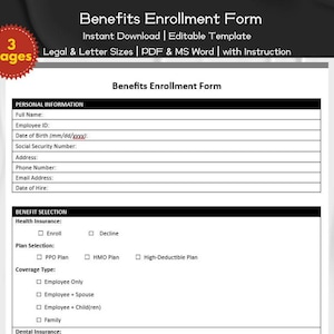 Benefits Enrollment Form Editable and Printable Template | Recruitment, Human Resource | HR Professionals Templates | Employee Onboarding