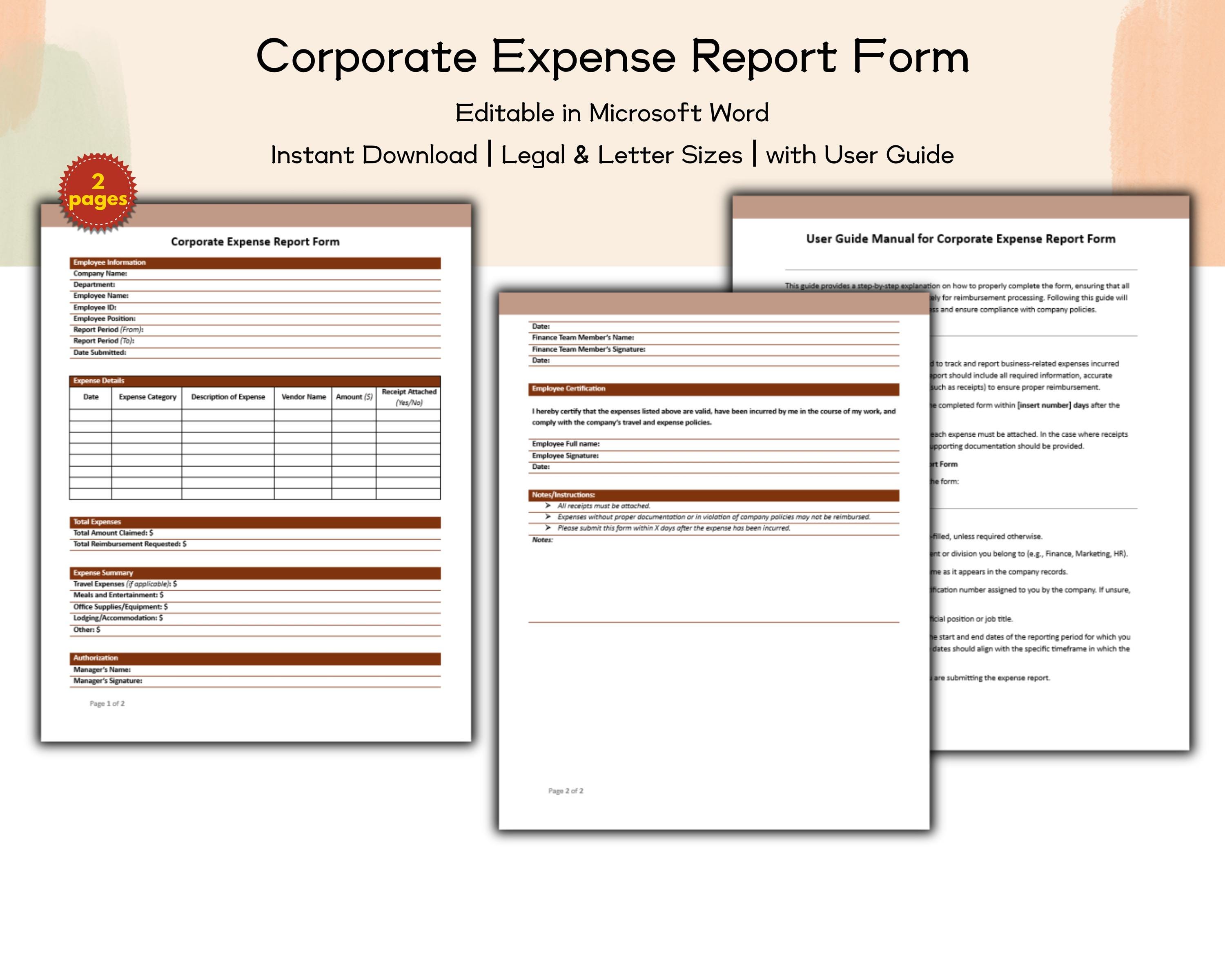 Corporate Expense Report Form – Editable and Printable Template for ...