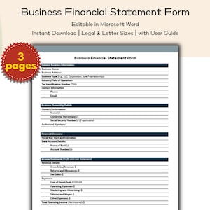 May include: A business financial statement form, editable in Microsoft Word, with a user guide. The form includes sections for business information, ownership details, and financial overview. The image also shows a red and yellow circular graphic that says "3 pages".