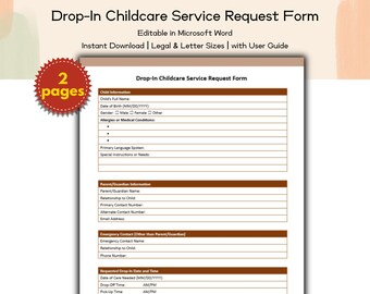 Formulário de Solicitação de Serviço de Creche sem Agendamento - Modelo Editável e Imprimível, Pré-escola, Acompanhamento Parental, Profissionais de Cuidados Infantis