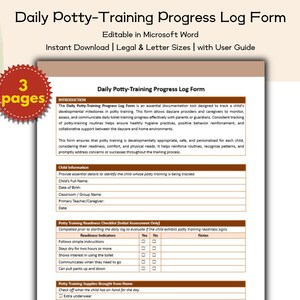 May include: A printable "Daily Potty-Training Progress Log Form" with the text "Editable in Microsoft Word" and "Instant Download." The form includes sections for child information, readiness checklists, and potty training supplies. A red sticker reads "3 pages."