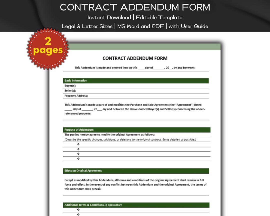 Contract Addendum Form Real Estate Editable and Printable Template ...