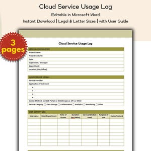 May include: A white document titled "Cloud Service Usage Log" with a red circular sticker that says "3 pages". The document includes fields for project details, service details, and user activity logs.