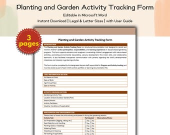Formulario de seguimiento de actividades de plantación y jardinería en guarderías (plantilla editable e imprimible), actividades para preescolares y programas de cuidado infantil, administración escolar