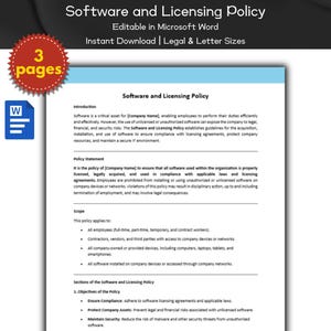 Könnte beinhalten: Ein schwarz-weißes Dokument mit dem Titel "Software and Licensing Policy" in Fettdruck, gefolgt vom Text "Editable in Microsoft Word" und "Instant Download | Legal & Letter Sizes". Das Dokument ist in Abschnitte mit Überschriften wie "Introduction", "Policy Statement", "Scope" und "Sections of the Software and Licensing Policy" unterteilt.