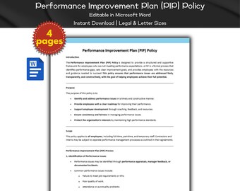 Performance Improvement Plan (Pip) Policy Editable Template, Human Resource Policies, Performance & Evaluation, Employee Management, HR Tool