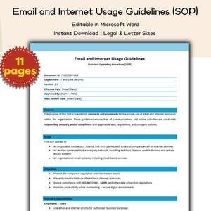 Puede incluir: Se muestra un documento digital titulado "Email and Internet Usage Guidelines (SOP)". El documento es editable en Microsoft Word y está disponible para descarga instantánea en tamaños legal y carta. El documento tiene 11 páginas y es un procedimiento operativo estándar.