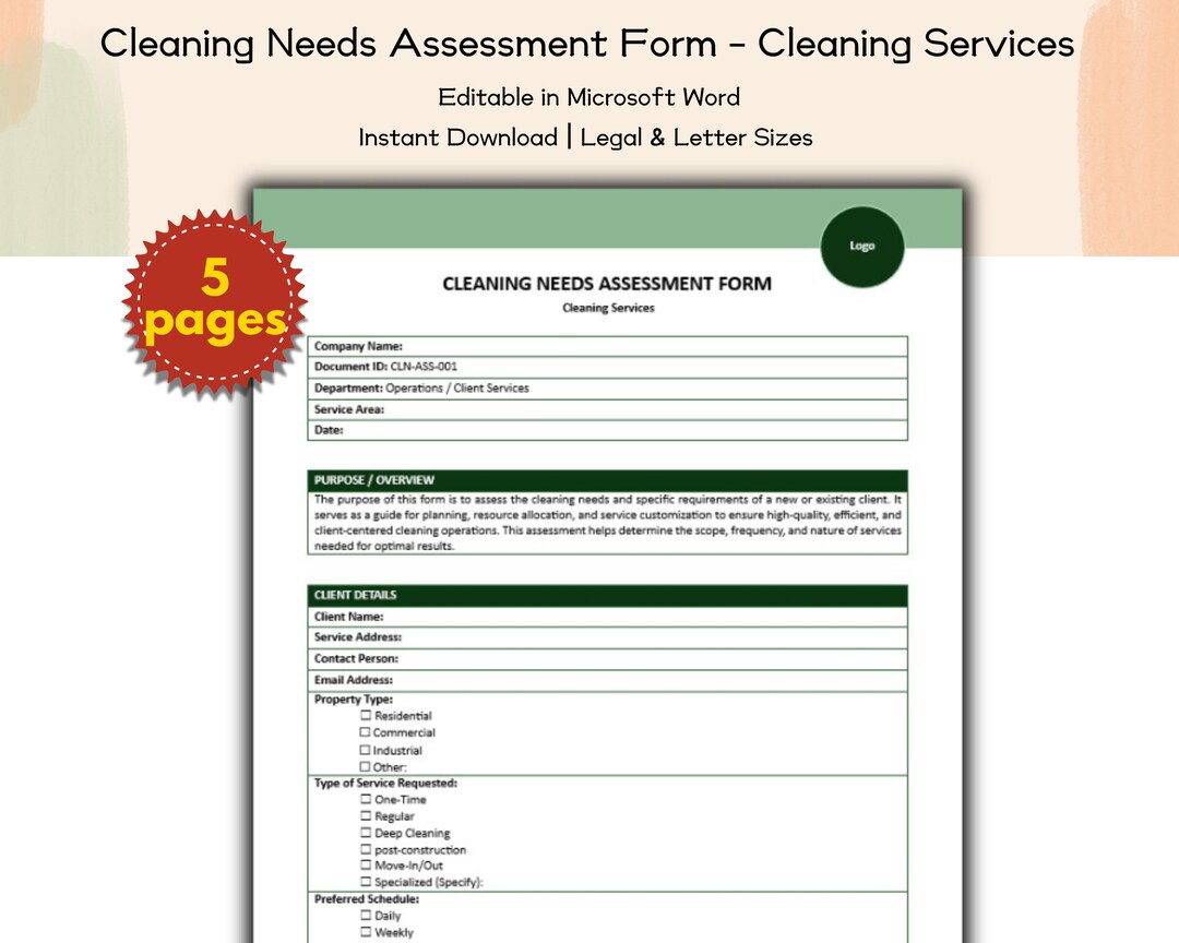 Cleaning Services Cleaning Needs Assessment Form Editable and Printable ...