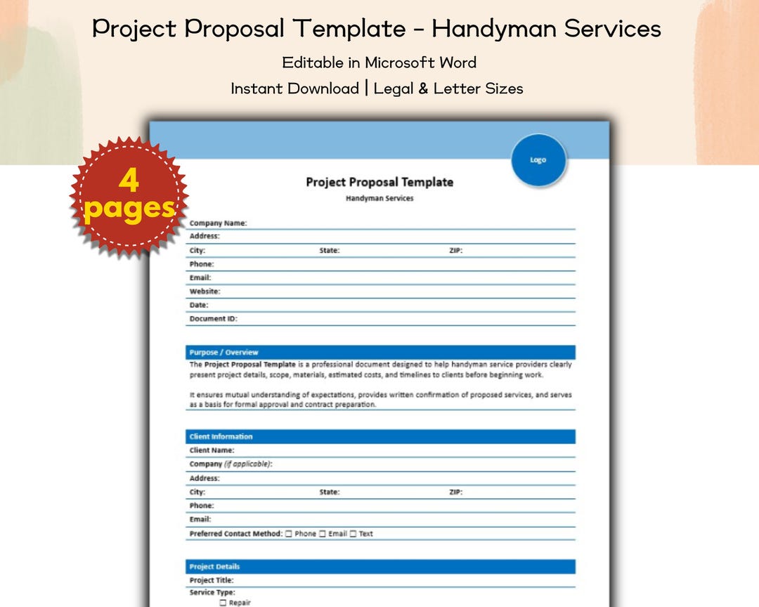 Project Proposal Template Handyman Services Editable and Printable Form ...