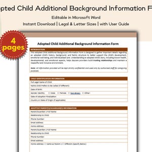 Op de afbeelding: Een afdrukbaar formulier met de titel "Aanvullend Achtergrondinformatieformulier voor Geadopteerde Kinderen". Het document is ontworpen om details te verzamelen over de geschiedenis en gezinsstructuur van een geadopteerd kind. Het formulier is bewerkbaar in Microsoft Word.