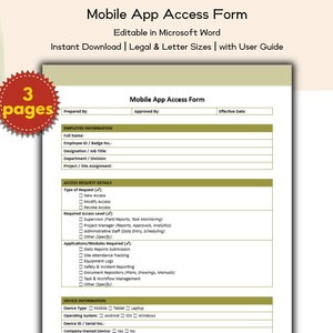 Construction Company Mobile App Access Form Editable and Printable Template, Digital Transformation, Contractor Administrative, IT staff