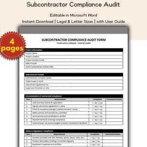 May include: A white Subcontractor Compliance Audit Form with a red starburst graphic that says "4 pages." The form is editable in Microsoft Word and available for instant download in legal and letter sizes.