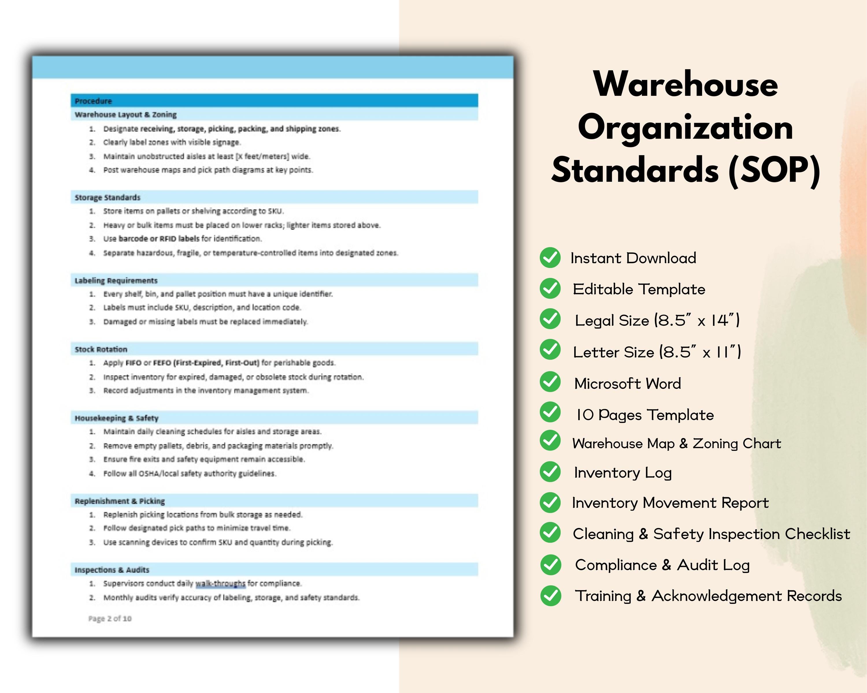 Organization Standards Examples Warehouse Organization Standards SOP Editable and Printable Template ...