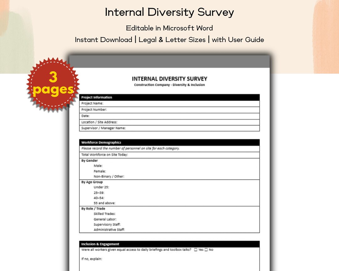 Internal Inclusion Form Construction Company Internal Diversity Survey Editable and Printable ...