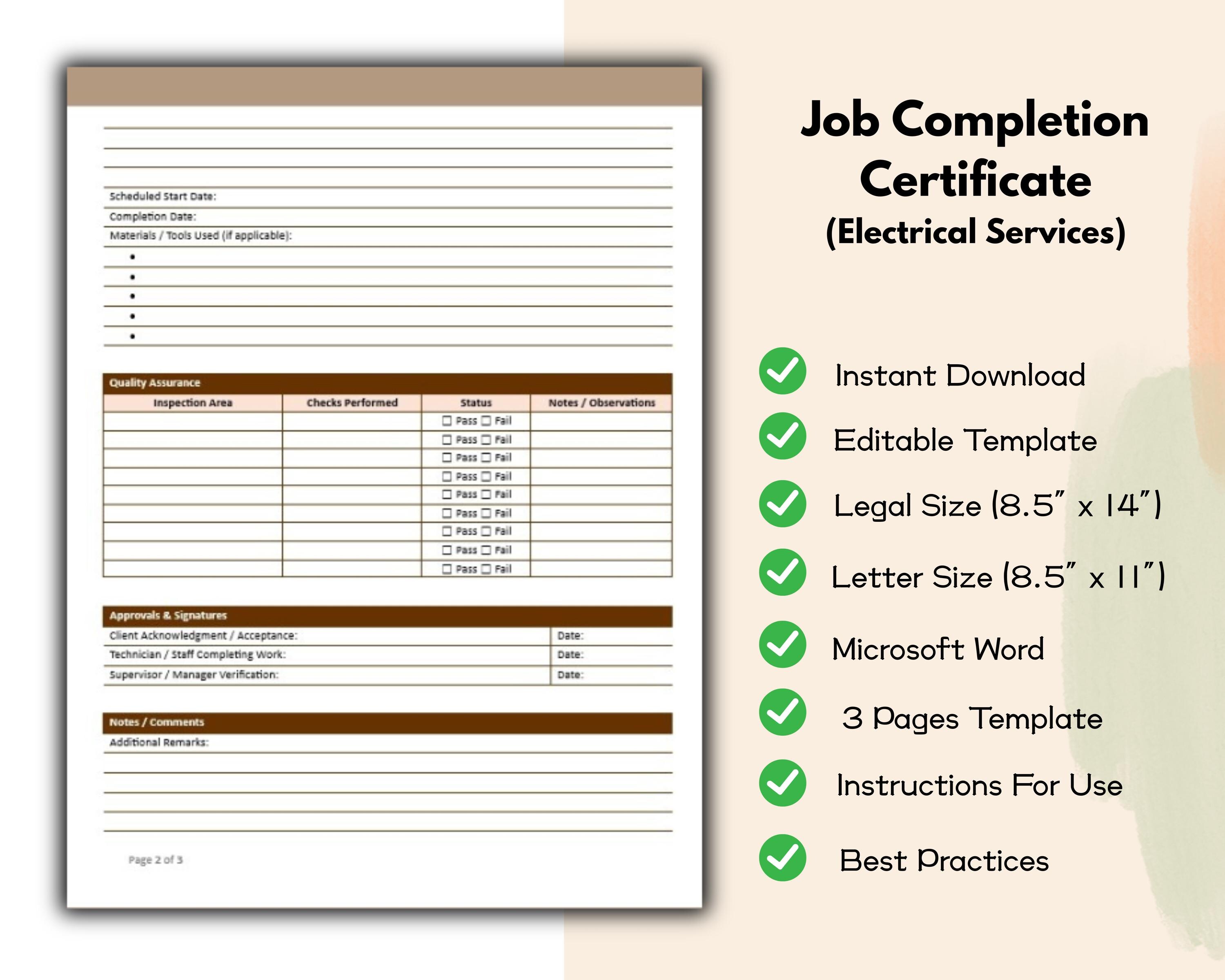 Job Complete Sign Job Completion Certificate Form Electrical Services Editable and ...