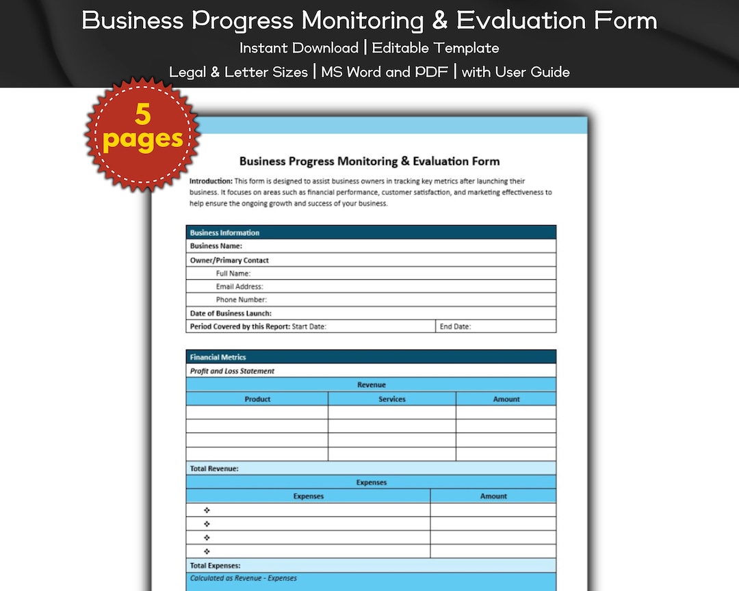 Business Progress Monitoring and Evaluation Form Editable and Printable ...