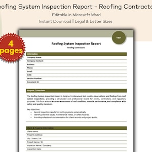 May include: A Roofing System Inspection Report template, editable in Microsoft Word, with a legal and letter size option. The document includes sections for company information, purpose, and client details. A red starburst graphic indicates the report has 4 pages.