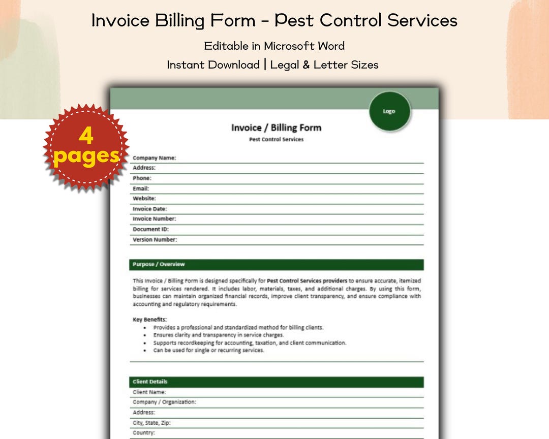 Invoice / Billing Form Pest Control Services Editable and Printable ...