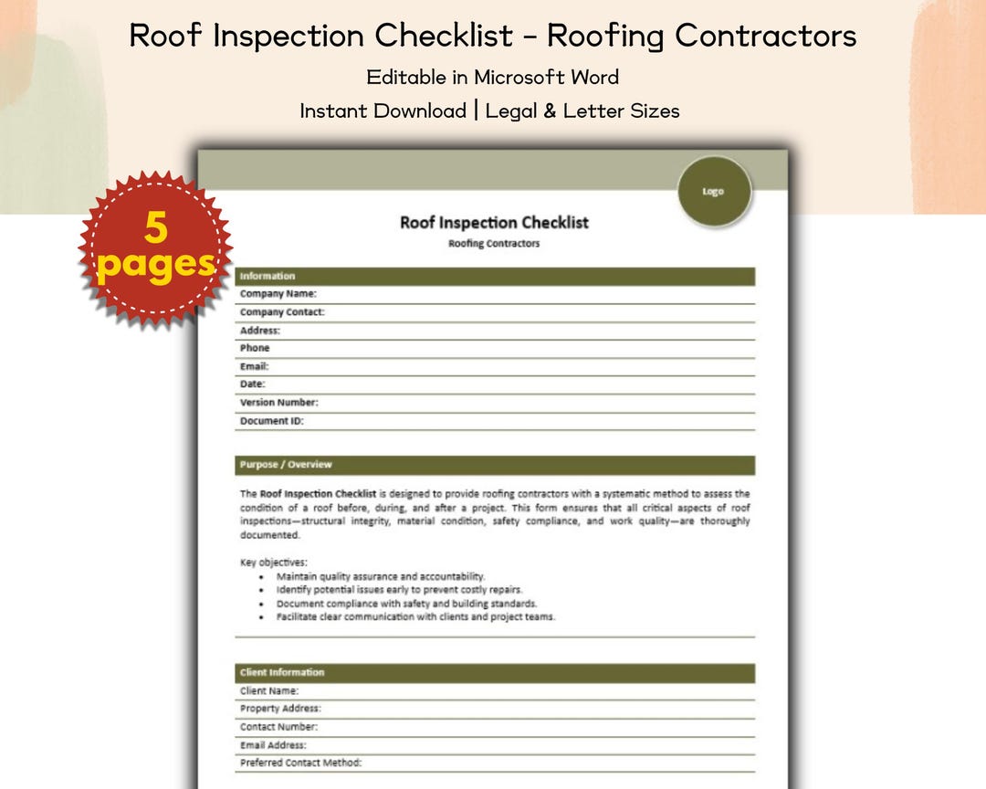 Roof Inspection Checklist Editable and Printable Template, Roofing ...