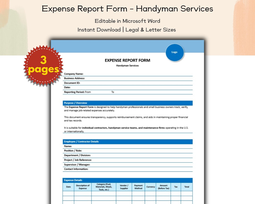Expense Report Form Editable and Printable Template, Handyman Home ...
