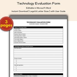 Formulario de evaluación tecnológica para empresas constructoras: plantilla editable e imprimible, Investigación, desarrollo e innovación, Gerentes de proyecto.