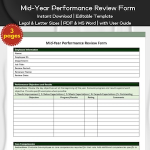 Mid-Year Performance Review Form Editable and Printable | Employee Management | HR Form Template | Employee Performance and Development