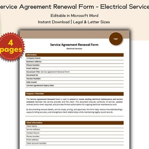 Puede incluir: Un documento titulado "Formulario de renovación del acuerdo de servicio - Servicios eléctricos" con un borde marrón. El formulario es editable en Microsoft Word y está disponible para descarga instantánea en tamaños legal y carta. Un gráfico de estrella roja indica "4 páginas".